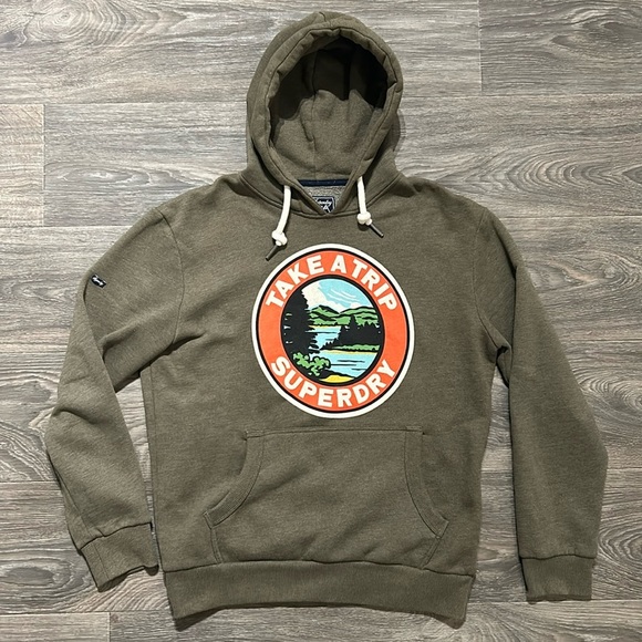 Superdry Travel Hoodie ‘Take a Trip’ Olive Marl Size Medium - Picture 2 of 11
